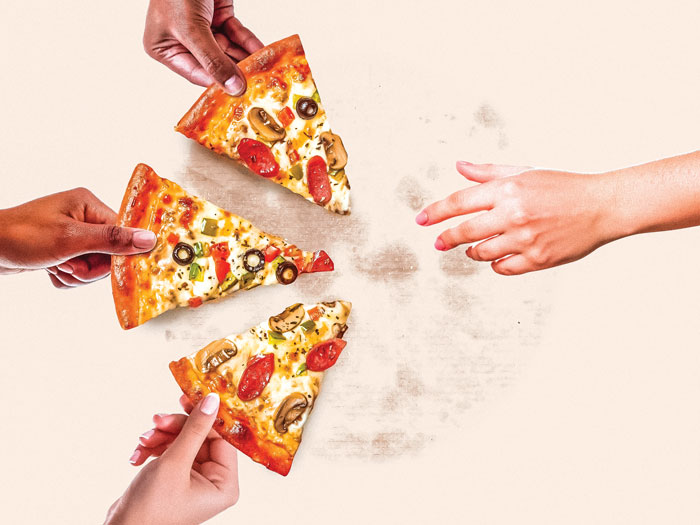 Graphic of hand reaching towards pizza slices 