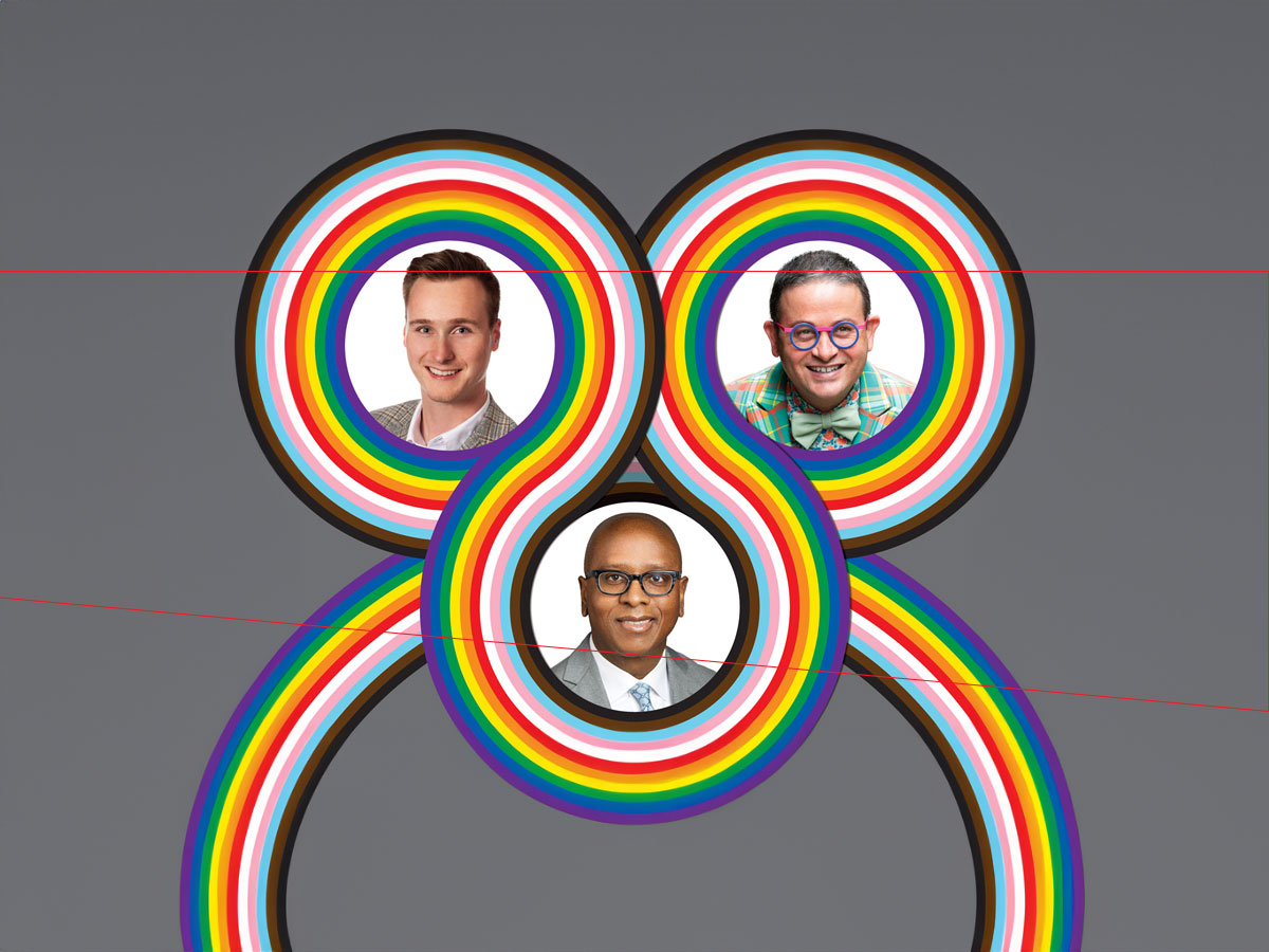 Collage of Jeff Bandy, Rob Davis and Nick McGuigan with rainbow graphic
