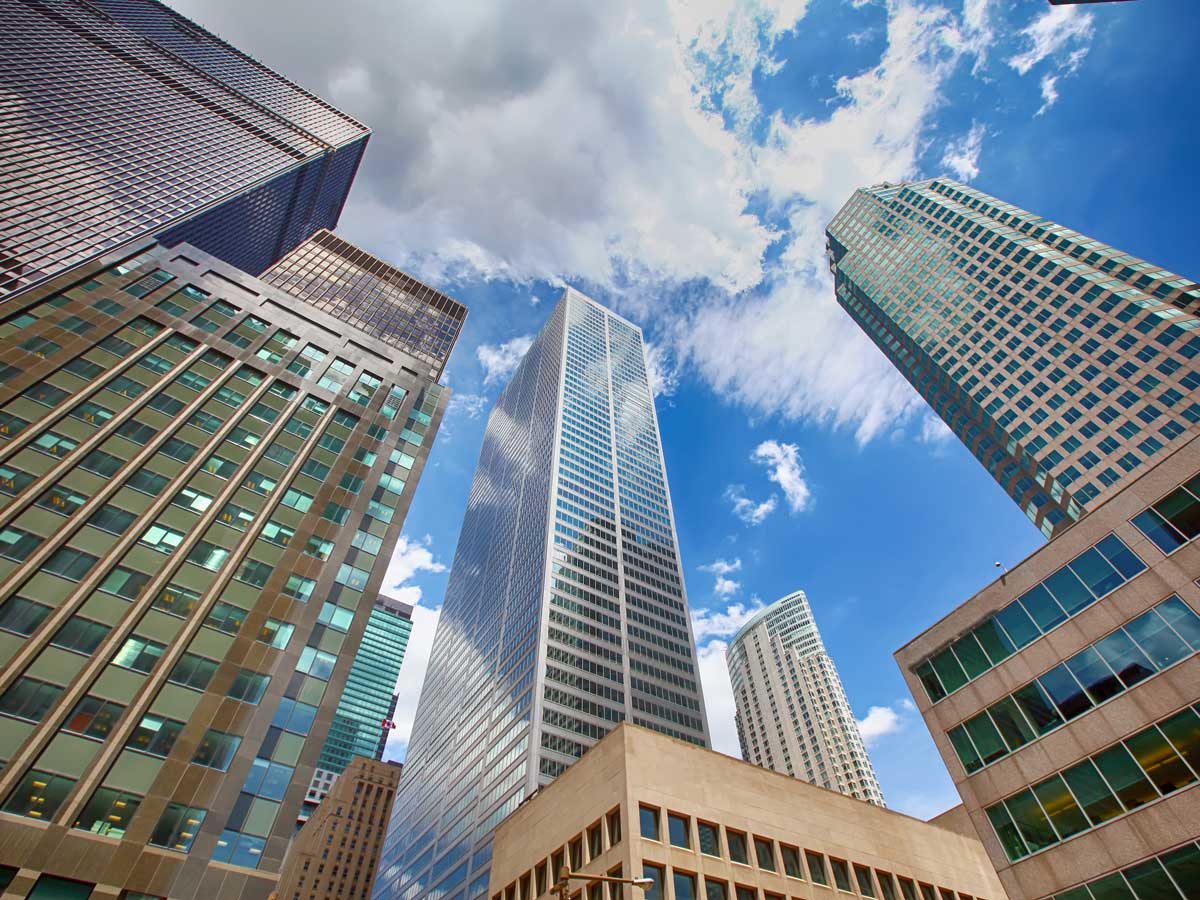 View from below of Toronto business district.