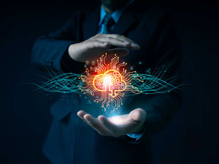 Conceptual illustration of brain and data with hands above and below