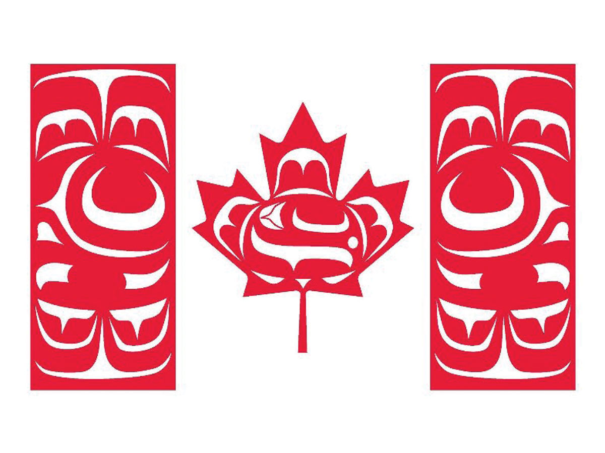 Illustration du drapeau canadien avec des symboles autochtones incorporés dans le dessin.