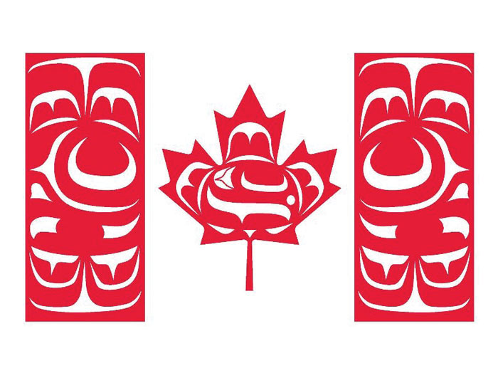 Illustration du drapeau canadien avec des symboles autochtones incorporés dans le dessin.