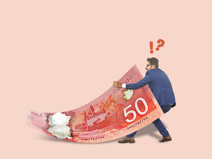 A man pulls a giant $50 bank note in this illustration