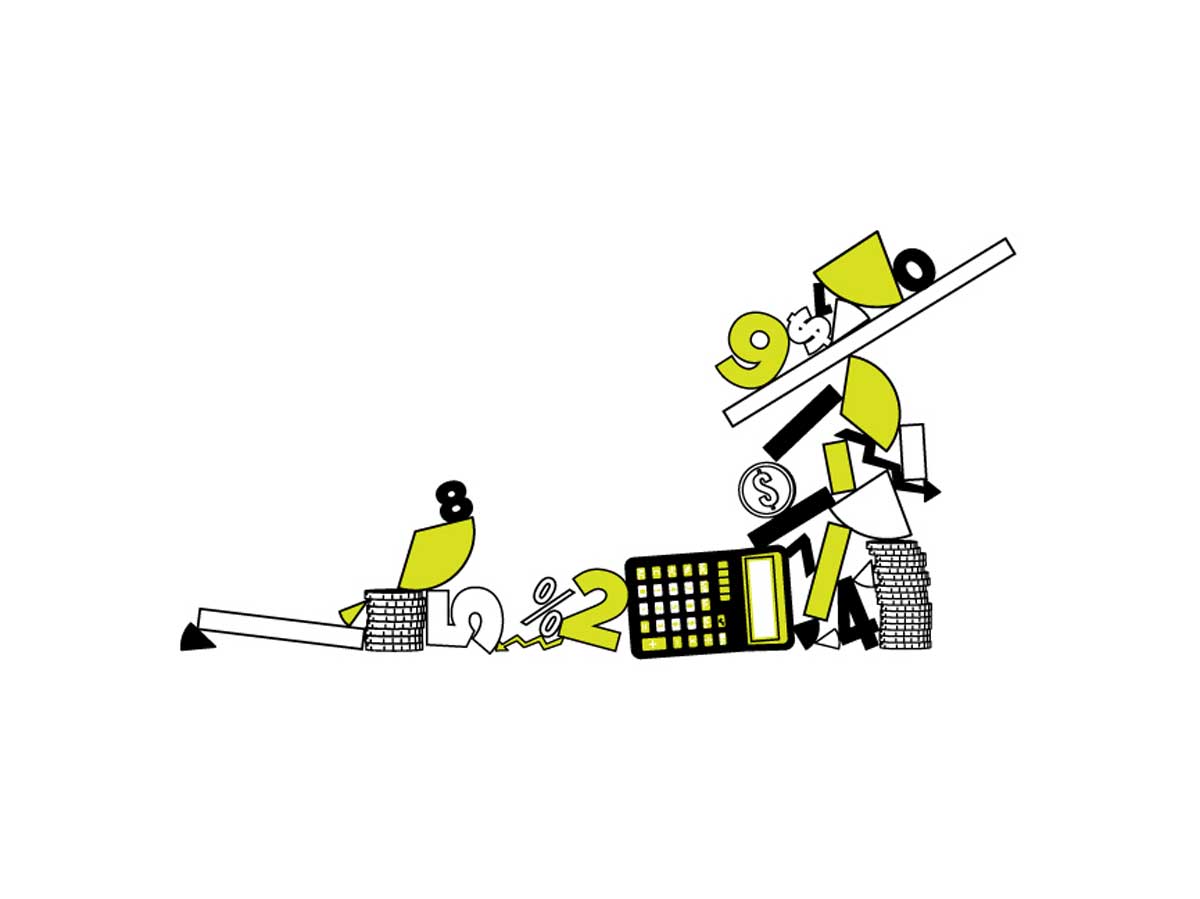 Illustration of numbers, coins and calculator strewn on the ground, with some perched on tilting surface
