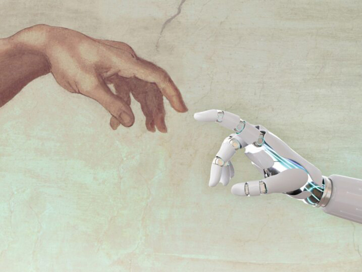 An illustration of part of the Sistine Chapel with a robot hand touching a human hand