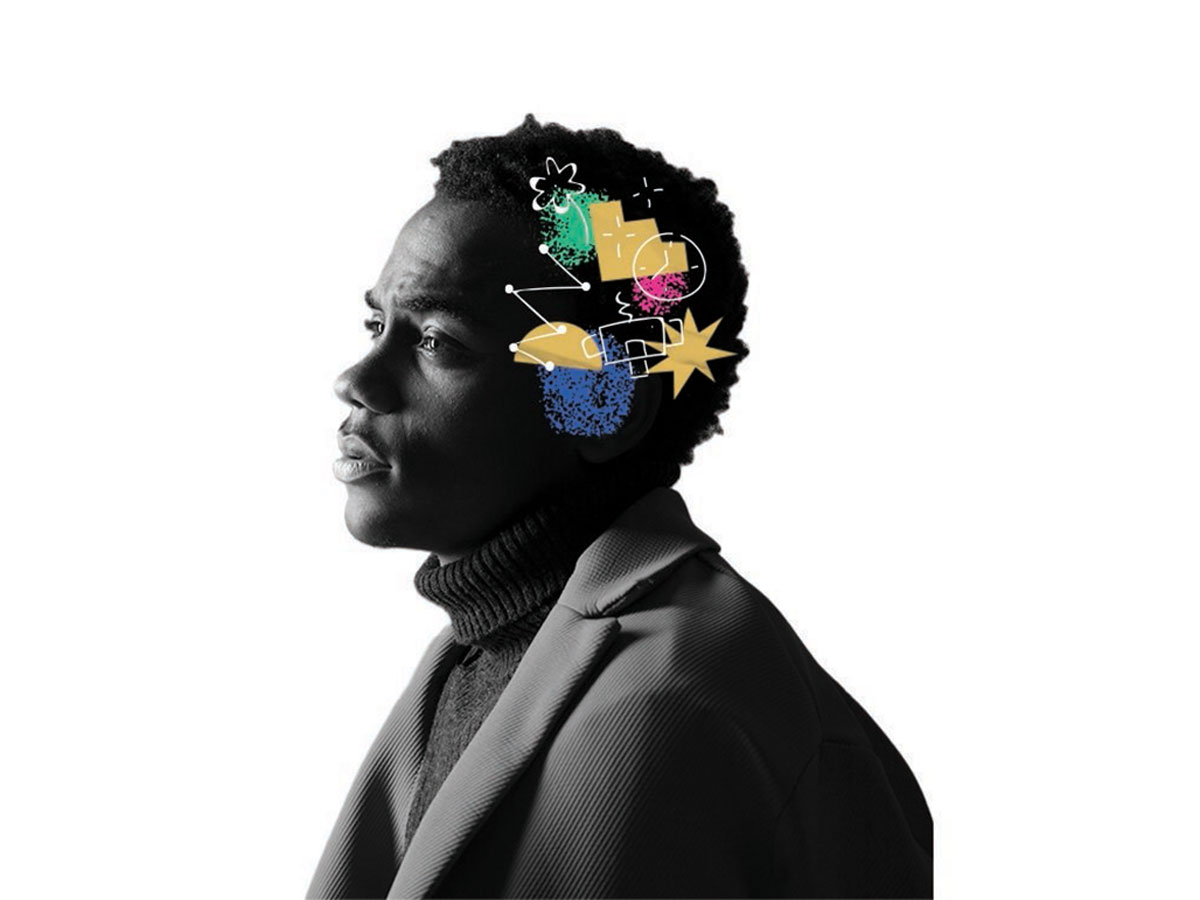 Illustration of a person with different shapes superimposed over his head, indicated neurodiversity.