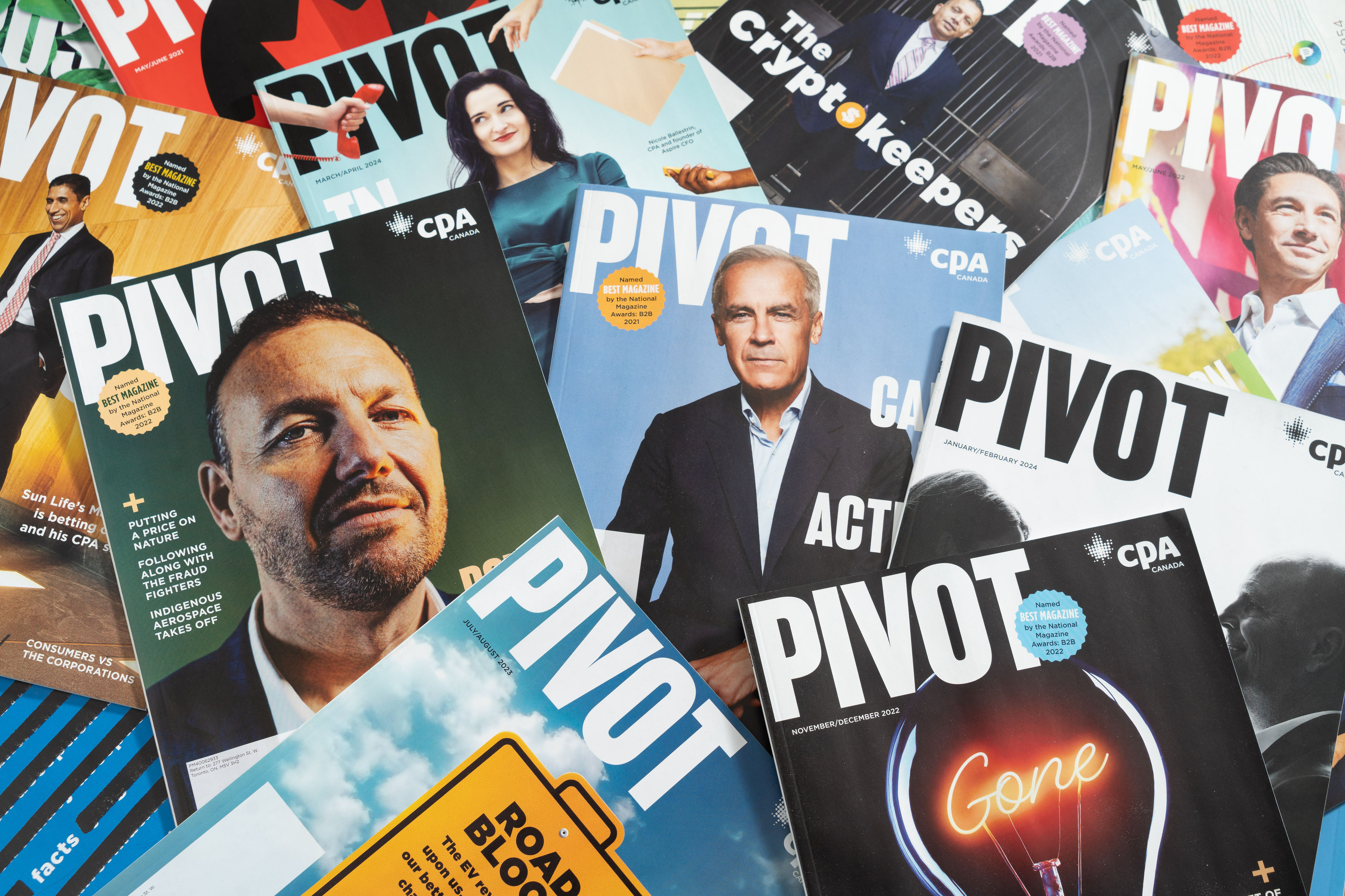 Collage of Pivot Magazine covers.