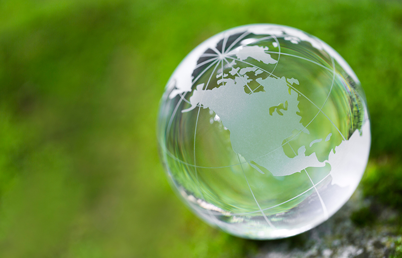 Le développement durable et l’avenir de la profession sont illustrés par un globe terrestre en verre transparent devant un fond vert. 