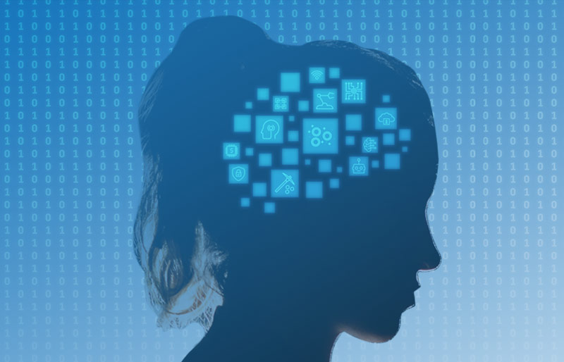 Montage graphique composé de la silhouette d’un visage féminin de profil, le cerveau est représenté par différents pictogrammes en rapport avec l’innovation