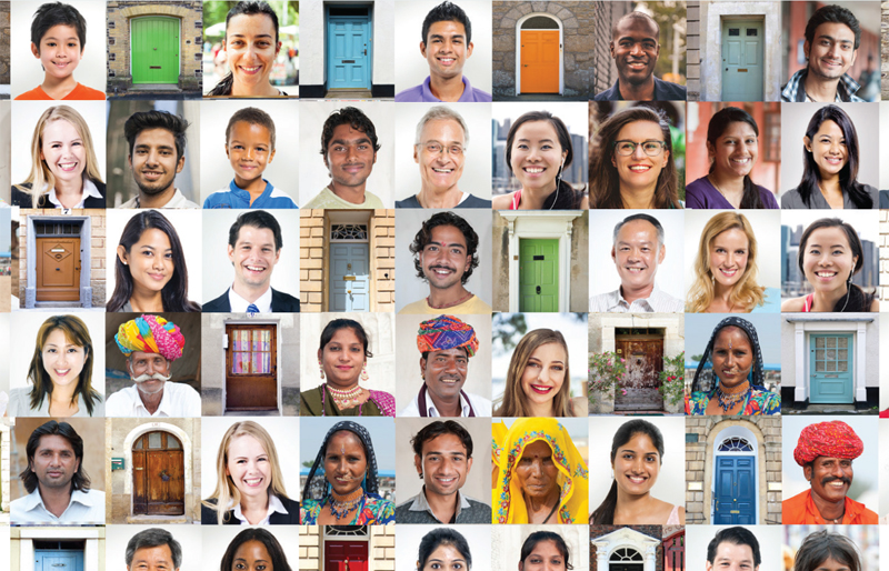 A colourful tile collage of doors and people of different culture, ethnicities, gender and age. 