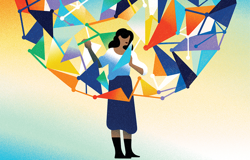 Illustration d'une femme au milieu de formes géométriques multicolores