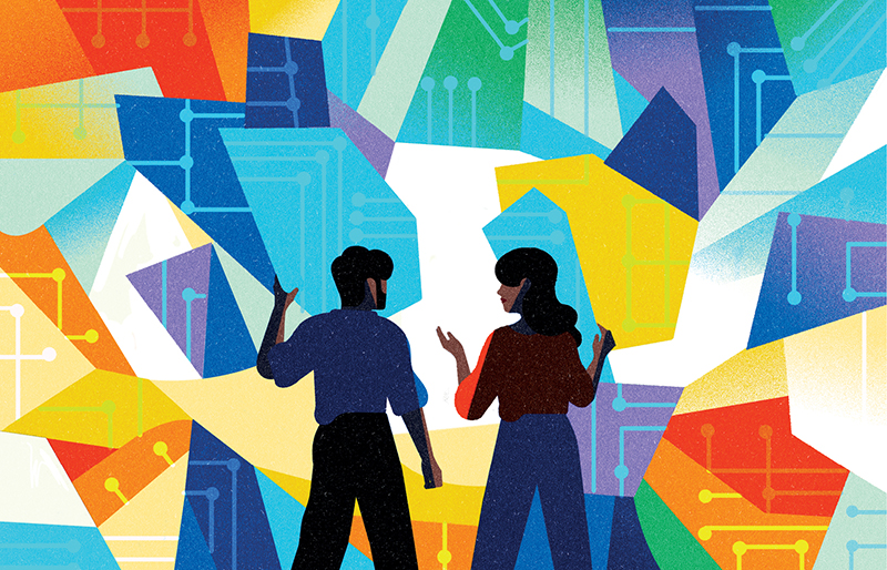 Illustration de deux personnes qui discutent devant une mosaïque multicolore