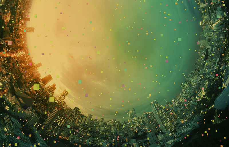 Grande ville semblant se trouver dans une boule de verre sous un ciel jaune et vert d'où tombent des confettis.