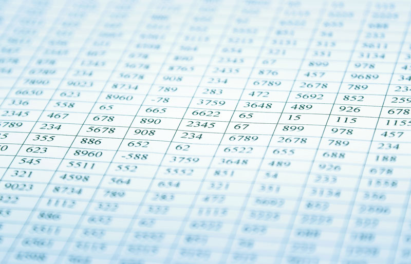 Close up of printed spreadsheet with columns of numbers