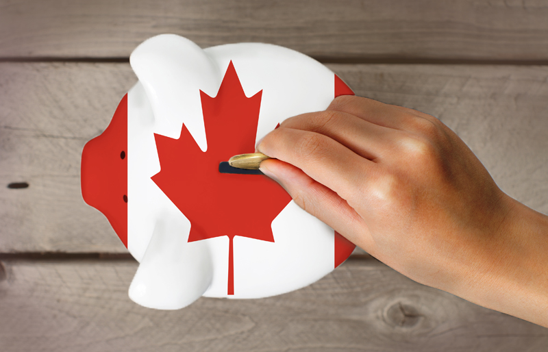 Gros plan sur la main d'une personne qui dépose une pièce de monnaie dans un petit cochon aux motifs du drapeau canadien.