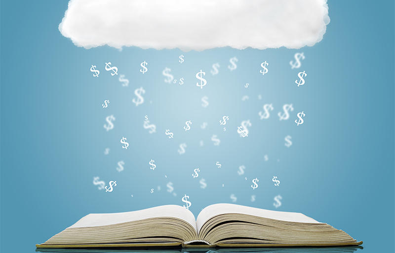 Open book with cloud and falling dollar sign over blue background