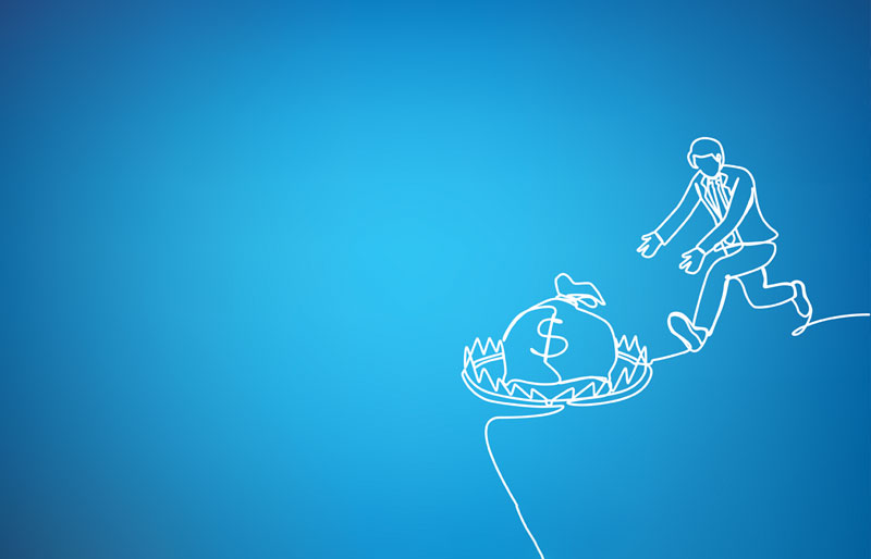 Illustration d’une personne qui poursuit un sac d’argent vers une falaise