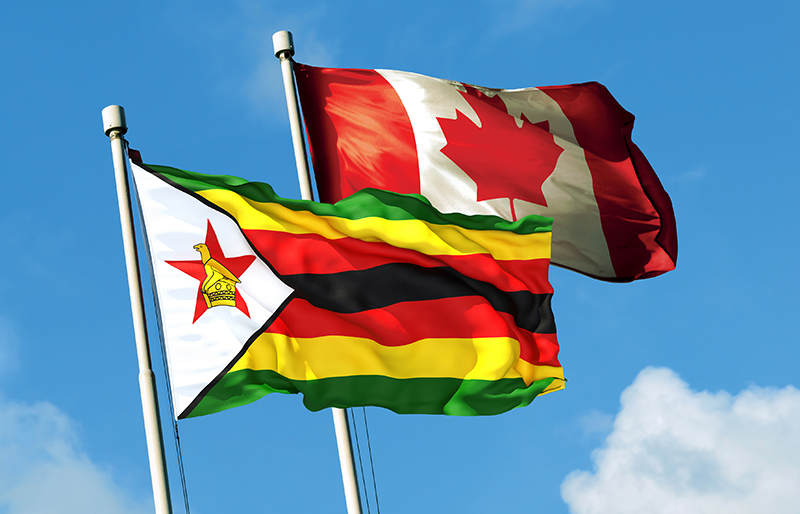Flag of Zimbabwe waving together with the Canadian flag