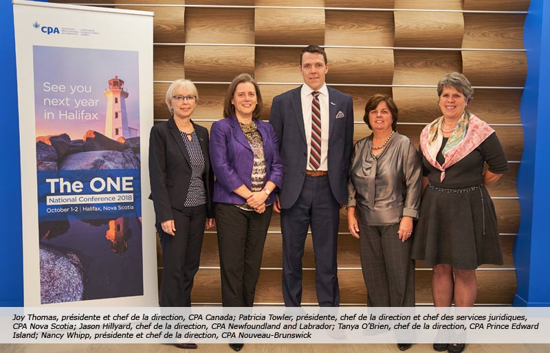 Les chefs de la direction de CPA Canada et des organisations provinciales du Nouveau-Brunswick, de Terre-Neuve-et-Labrador, de la Nouvelle-Écosse et de l’Île-du-Prince-Édouard se tiennent près de l’affiche du Congrès national UNIS 2018, qui aura lieu à Halifax.