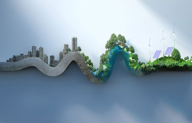 Graphique linéaire représentant une ville passant de bâtiments gris à de la verdure puis à l'énergie durable.