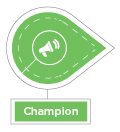 Green illustration with loudspeaker, labelled with the word Champion