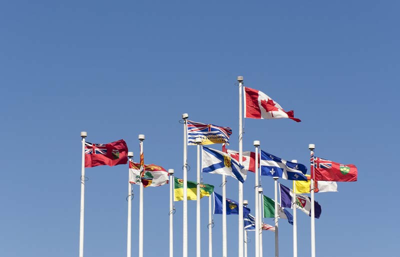 Flags of the Provinces of Canada waving in the sky.