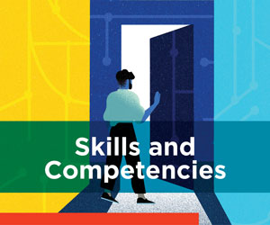 Illustration of a person opening a doorway; image text: skills and competencies.