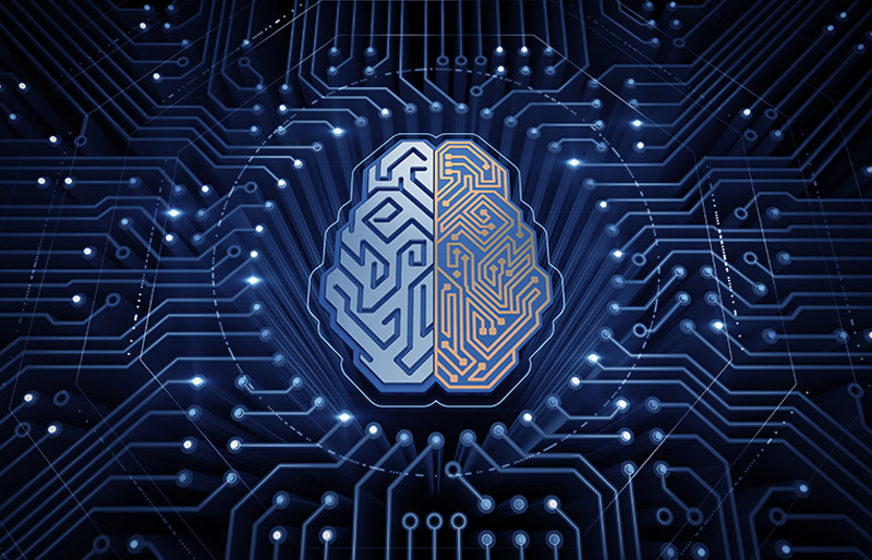 Rendu 3D d'un cerveau au travers de circuits électroniques, illustrant l'intelligence artificielle.
