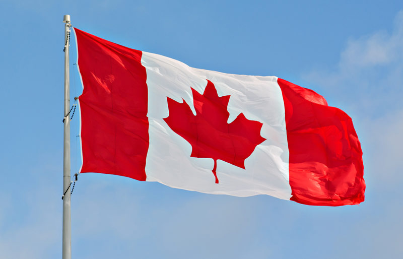 Canada flag blowing in the wind against a clear sky