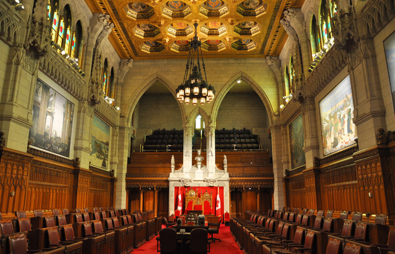 View from back of empty Senate chamber, Parliament Hill, Ottawa.