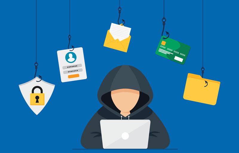 Illustration of person in hoodie using a laptop with icons suspended from fishing lines above.