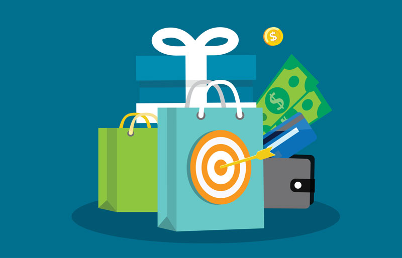 An illustration of gifts, money and a shopping bag with a target symbol on it. 