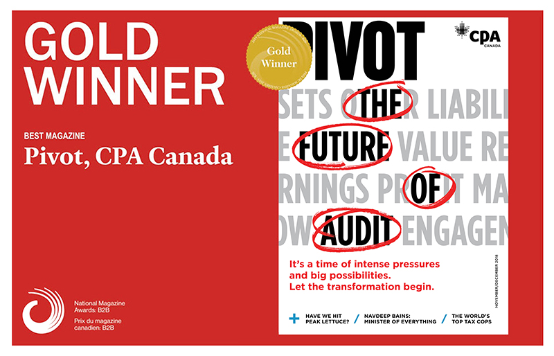 Announcement of Pivot as Gold Winner for Best Magazine, on red background.