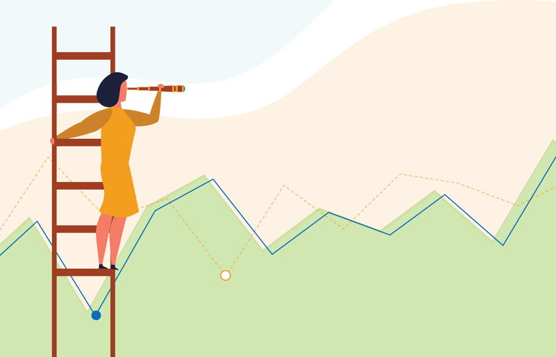 Illustration of businessperson on a ladder surveying the landscape with a telescope.