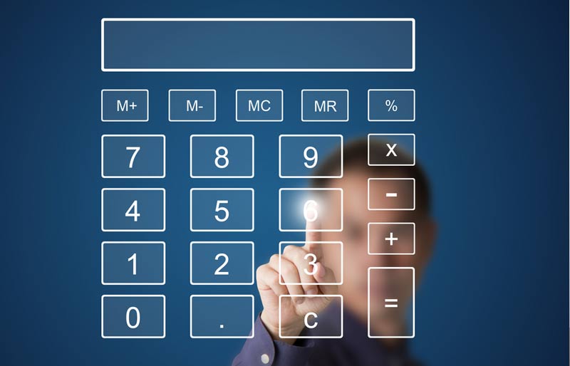 business man pushing number on touch screen digital calculator