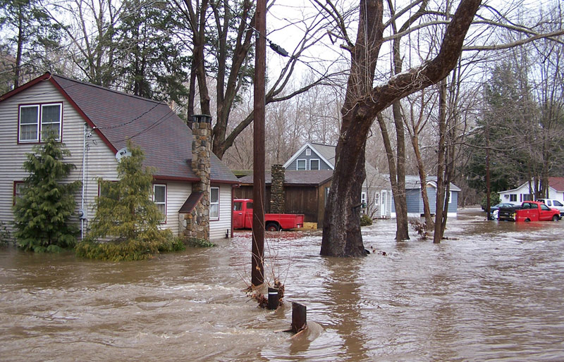Un quartier résidentiel aux rues inondées.