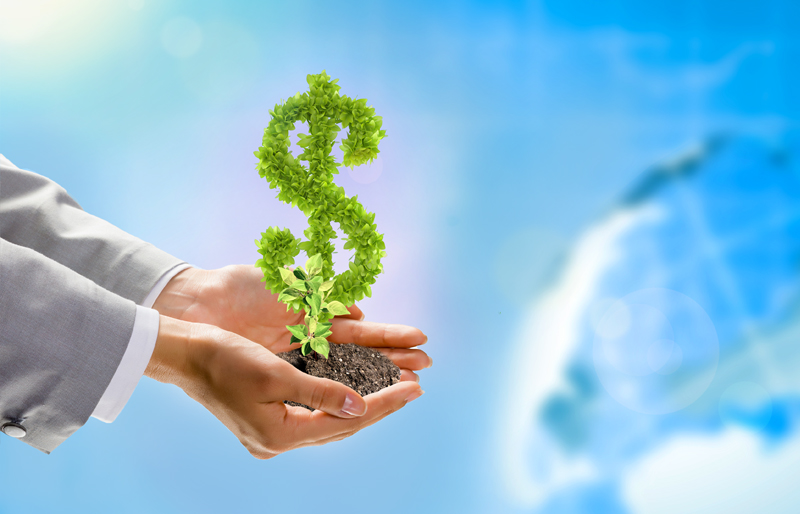 The hand of a business woman holding in the palm of her hand a pile of dirt with a plant shaped like a dollar sign, with the a globe in background