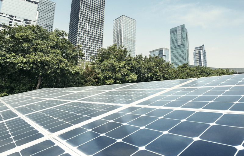 Photo of large solar energy panels with tall buildings and trees in background.