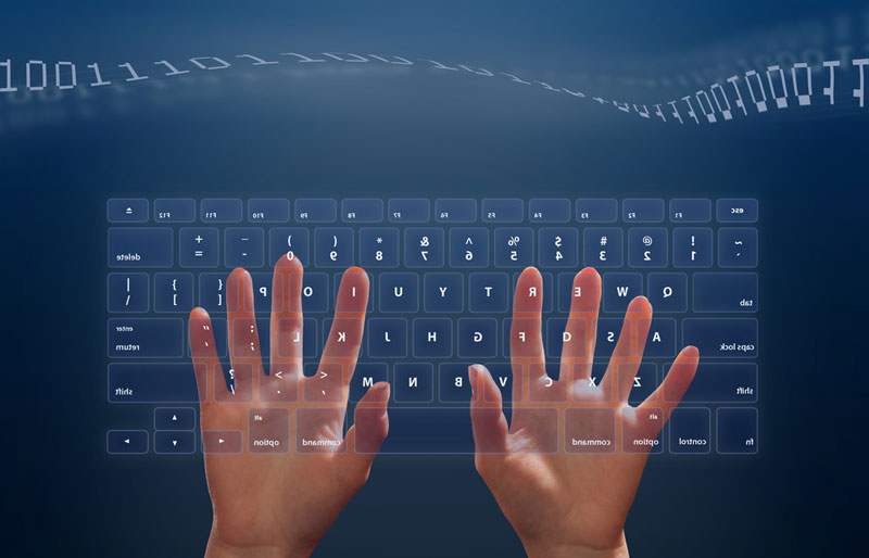 Hands on a transparent computer keyboard with binary code floating above on blue background.