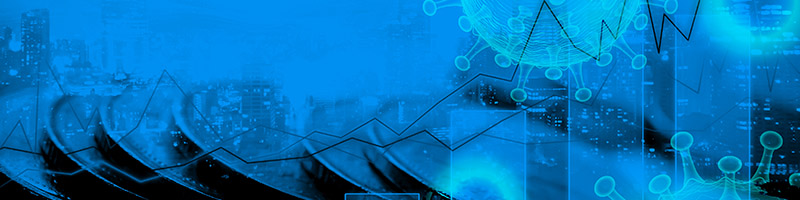 Montage graphique bleu de graphiques ascendants, de pièces de monnaie et d’une représentation d’un virus