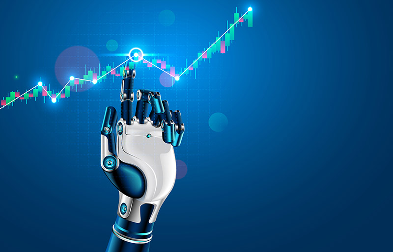 Robot or cyborg hand taps finger on chart of trading data of forex stock exchange. App or software with artificial intelligence analysis business financial information on trade market. Tech Concept.