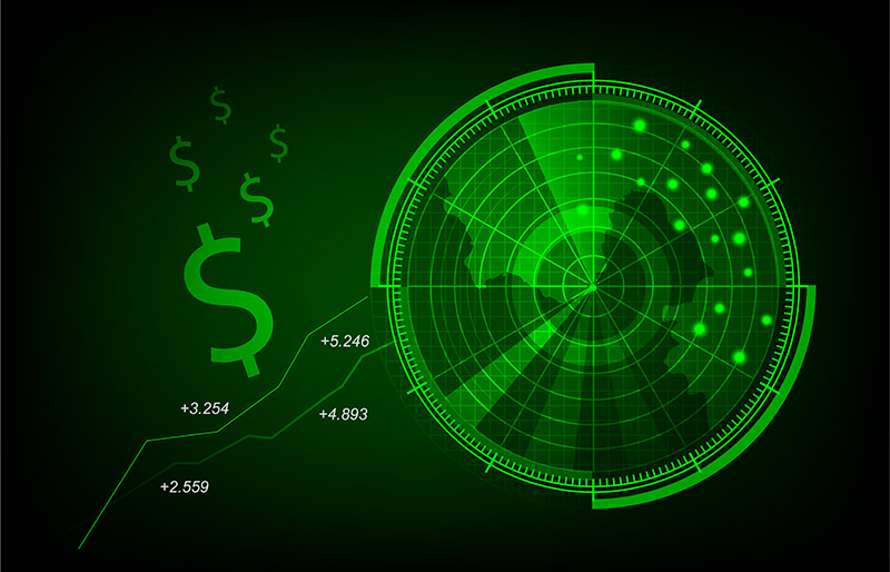 Montage graphique d’un radar et des symboles dollars