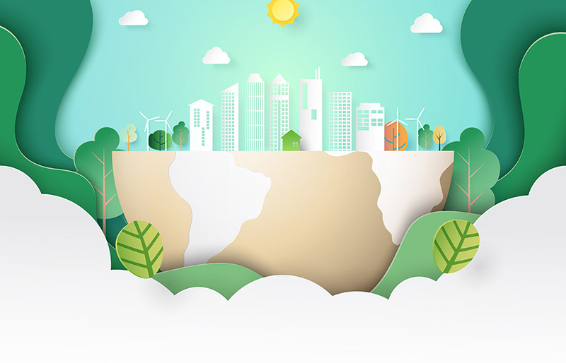 Green abstract nature landscape and eco city background template paper art style.Ecology and environment conservation creative idea concept.Vector illustration