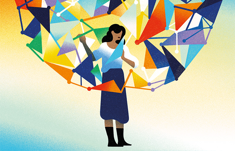 Illustration of a person holding a group of colourful geometric shapes.