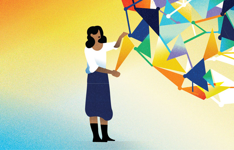 Illustration of a person holding a group of colourful geometric shapes.