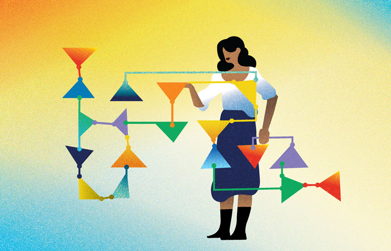 Illustration of a woman holding a series of colourful interconnected triangles.