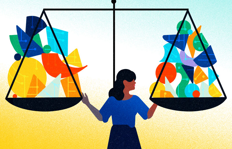 Illustration of a woman standing between two sides of a balance scale that has each side filled with colourful geometric shapes.