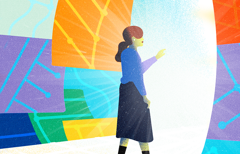 Illustration d’une professionnelle qui marche dans un décor multicolore.