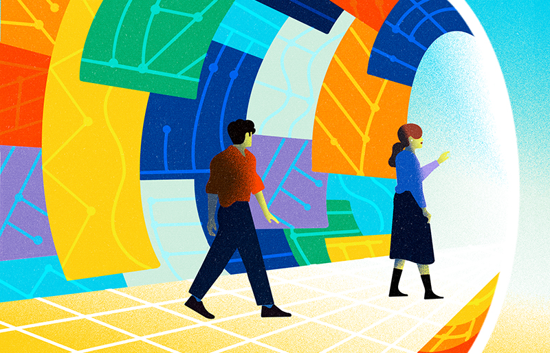 Illustration de deux personnes qui marchent dans un décor multicolore.