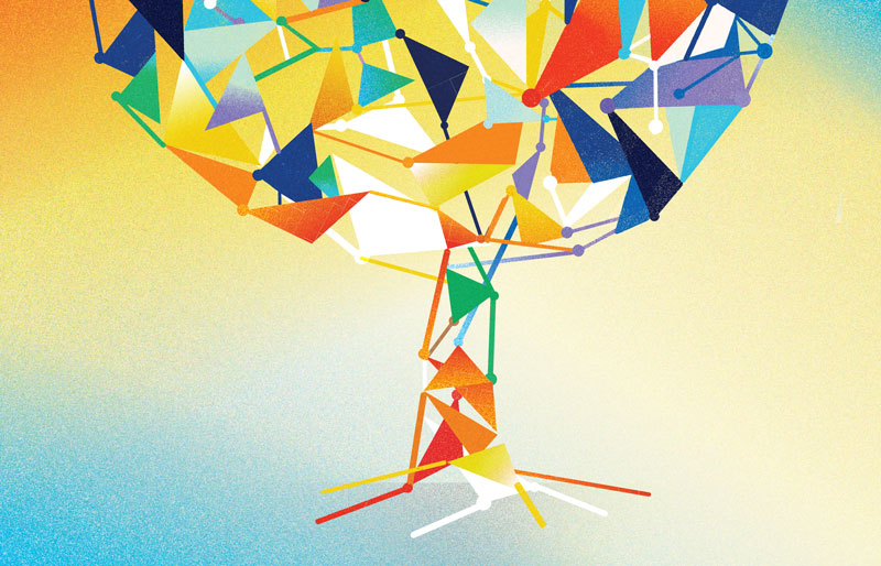 Illustration of multi coloured interlocking triangles forming a tree shape.